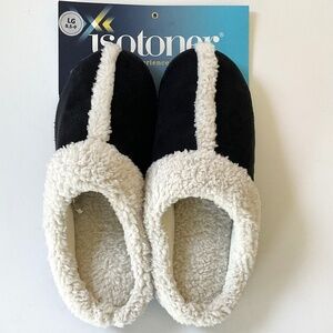 ISOTONER Faux Fur Slip-On Black Off White Slippers Size 8.5-9 NWT